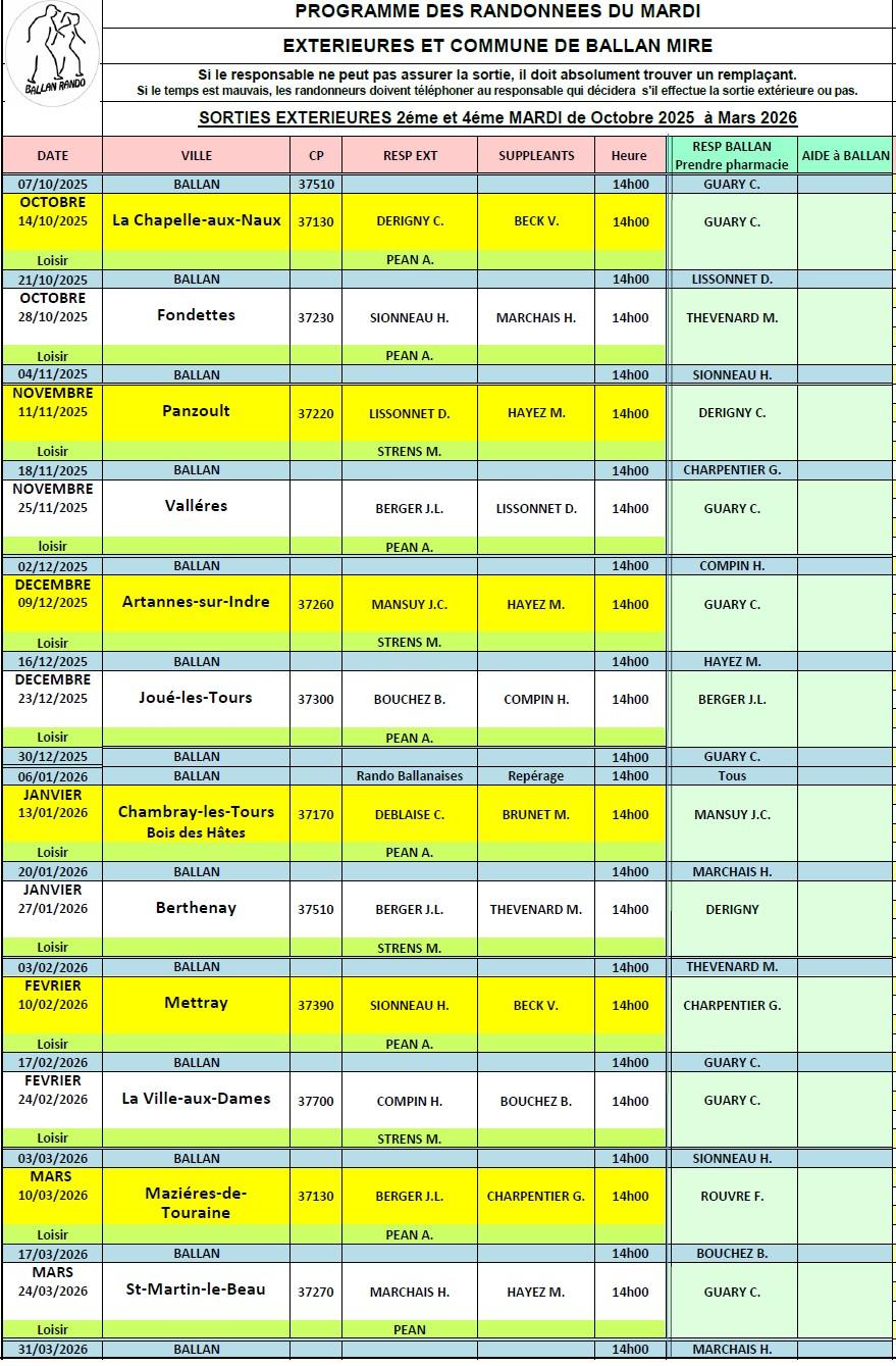 Calendrier marches ext octobre 25 a mars 2026